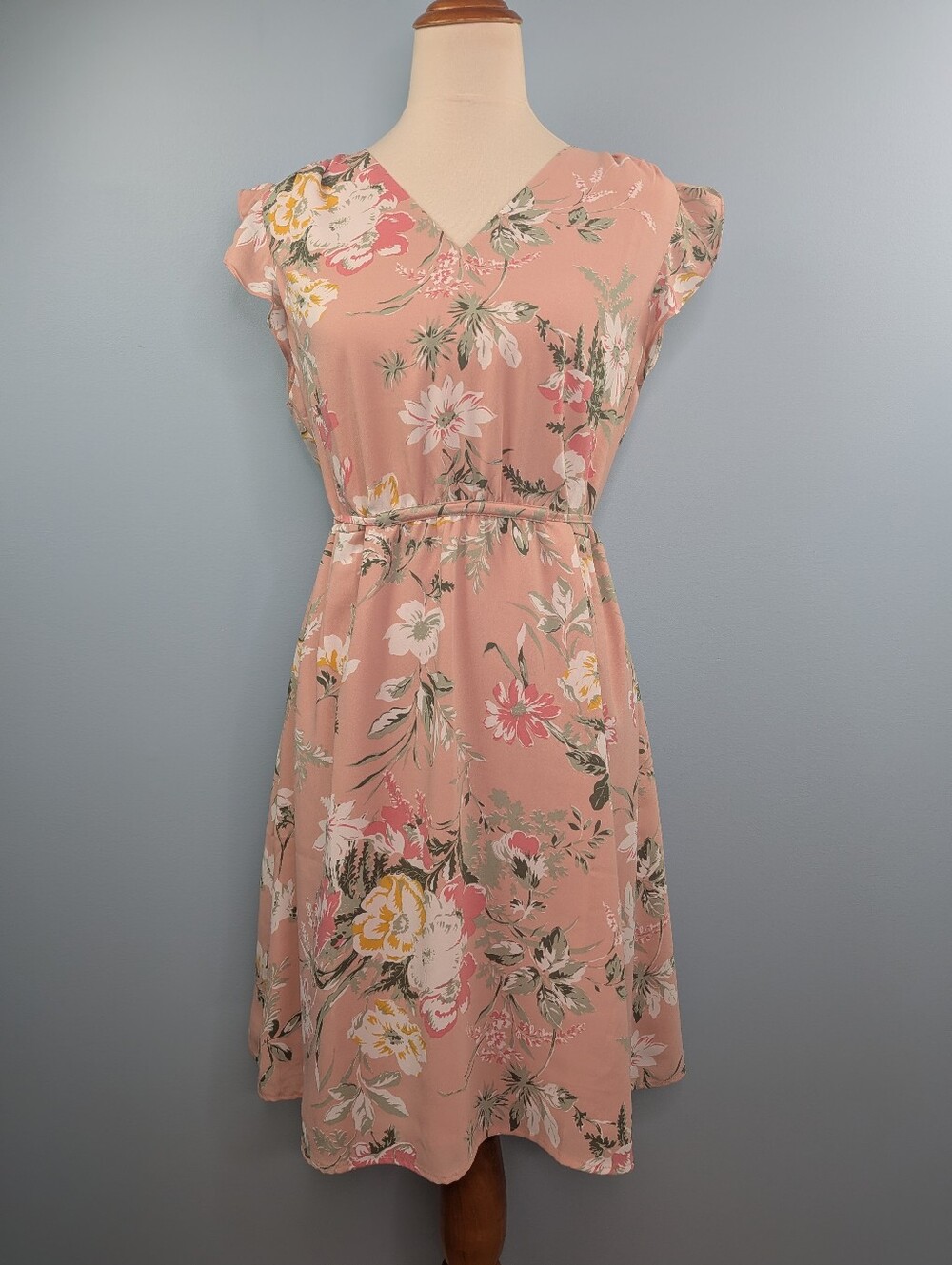 LOFT Floral Flutter Sleeve Lined Belted Dress Pink Size Large